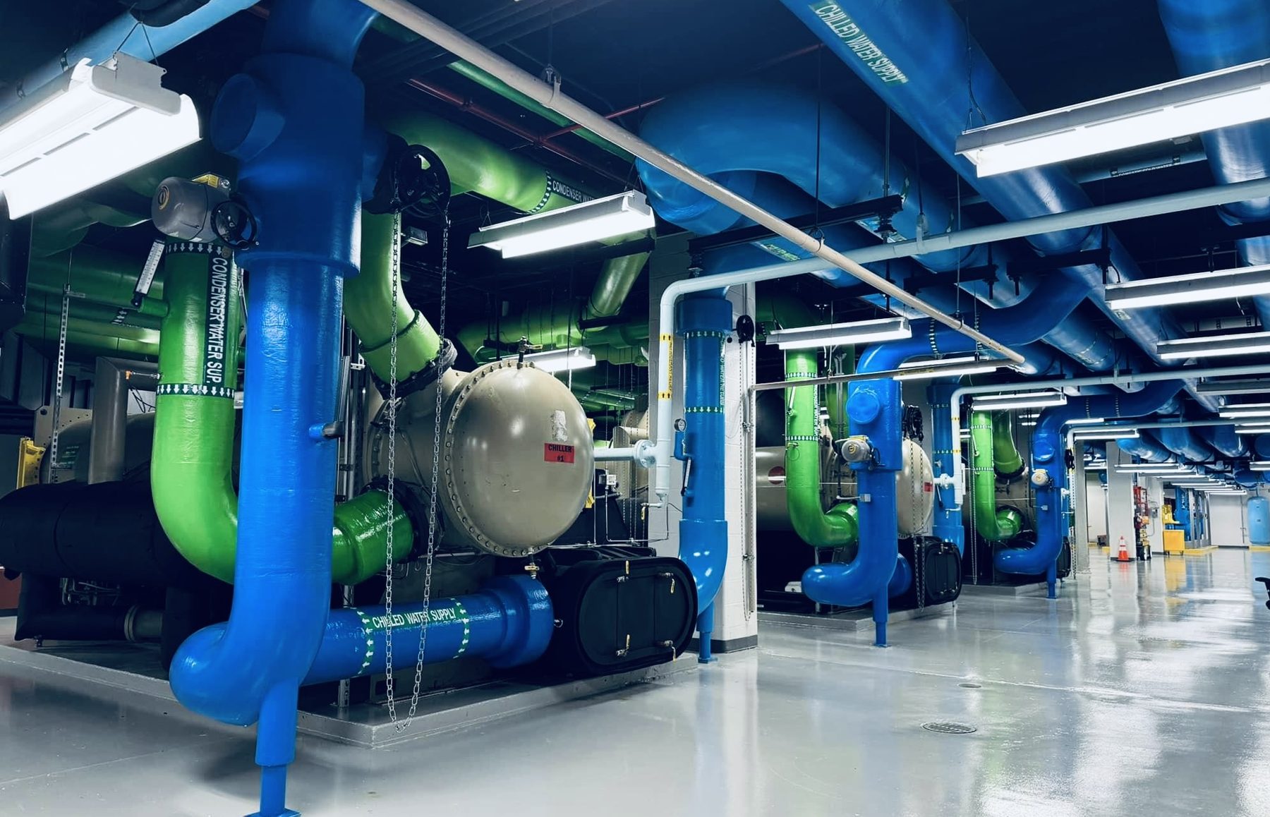 Central chiller plant room with chilled and condenser water services