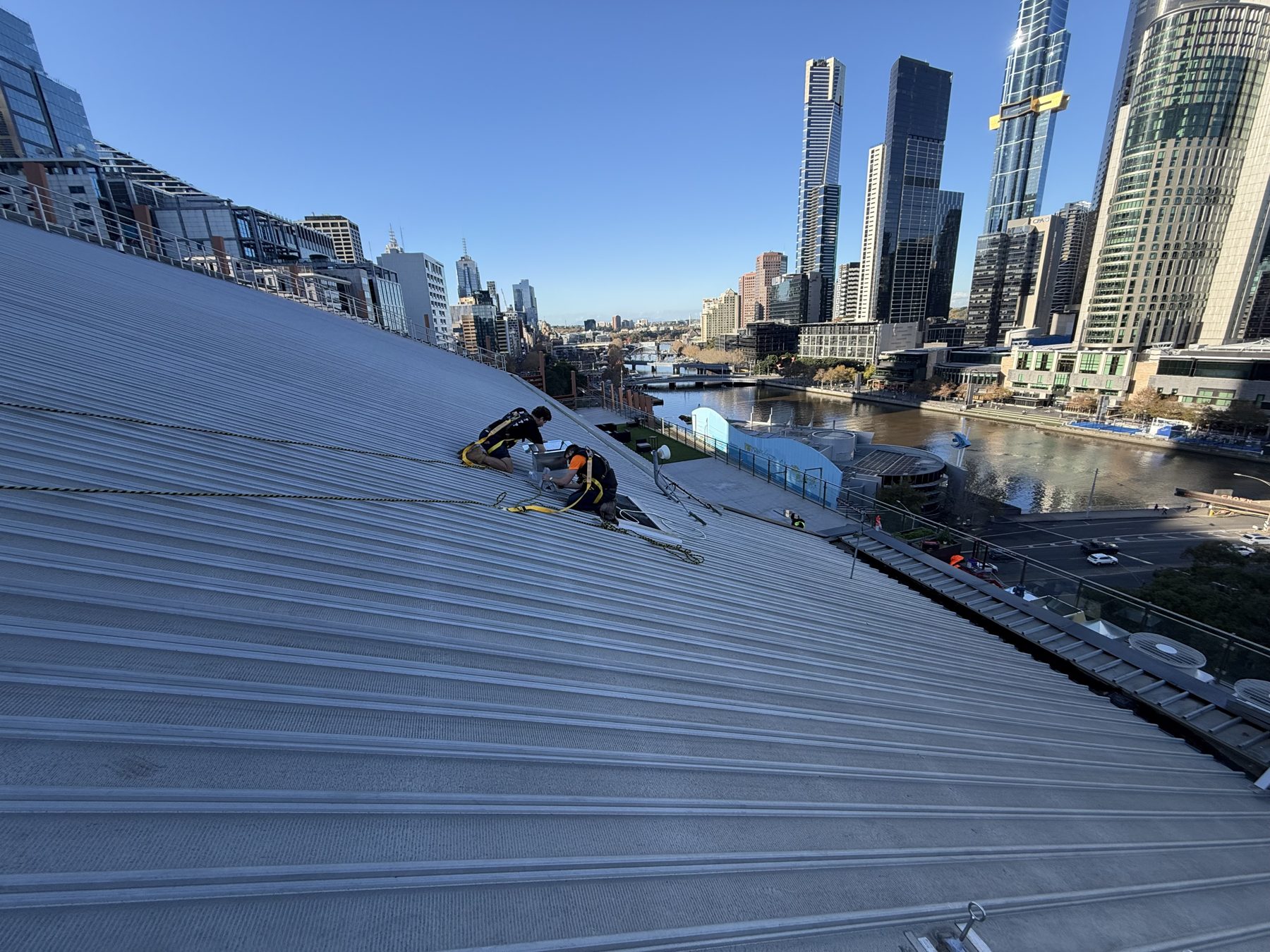 Rope access roof works on a Southbank building, Melbourne